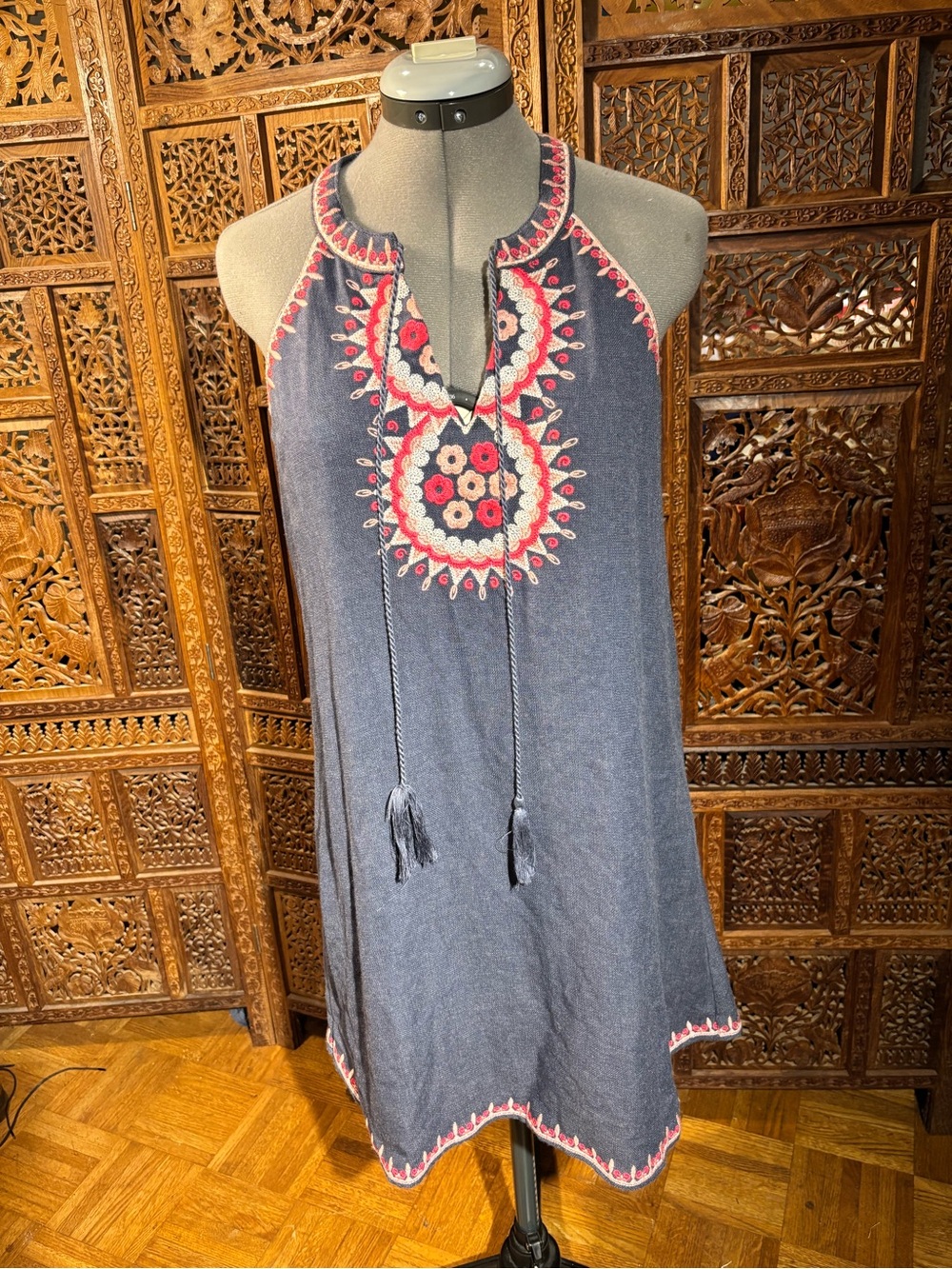 Sleeveless Gray Embroidered Halter Tunic Dress